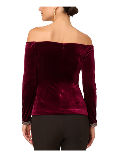 ADRIANNA PAPELL Womens Burgundy Rhinestone Pleated Zipped Sleeve And Back Lined Long Sleeve Off Shoulder Party Top 14