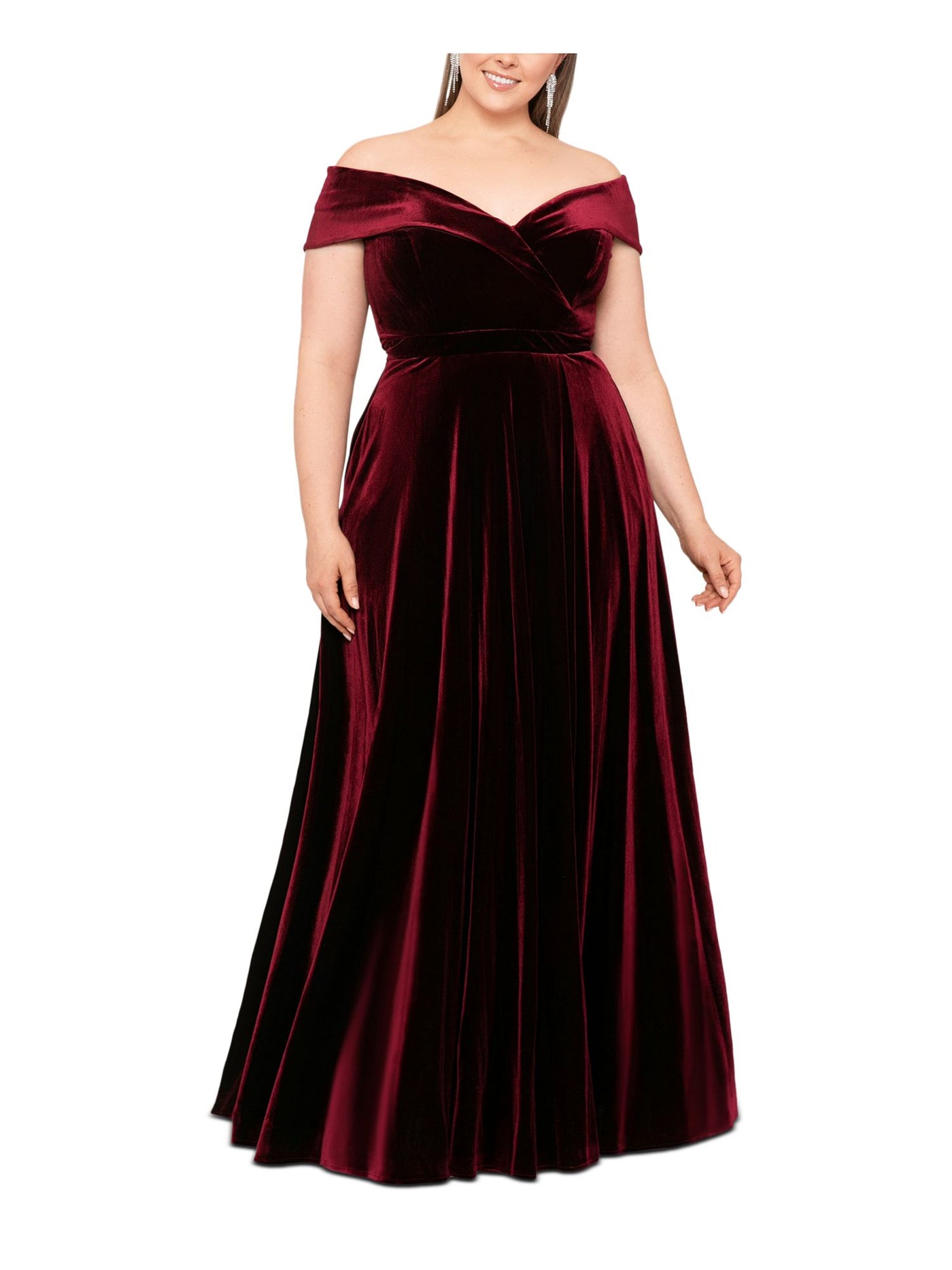 XSCAPE Womens Burgundy Zippered Pocketed Faux-wrap Skirt Cap Sleeve Off Shoulder Full-Length Formal Gown Dress Plus 20W