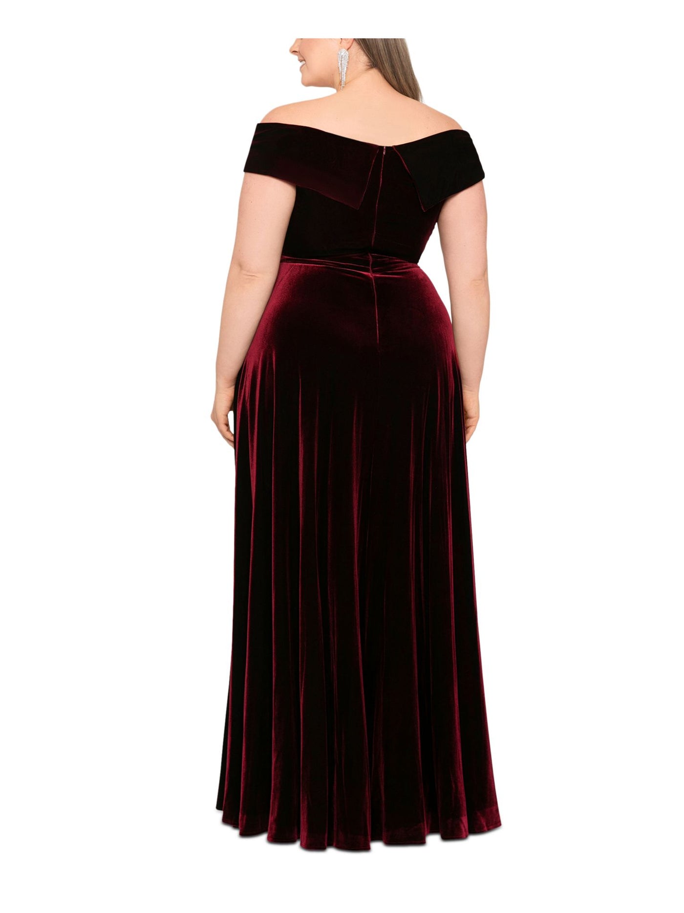 XSCAPE Womens Burgundy Zippered Pocketed Faux-wrap Skirt Cap Sleeve Off Shoulder Full-Length Formal Gown Dress Plus 20W