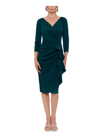 XSCAPE Womens Green Ruched Zippered Cascading Ruffle Slit Back-hem 3/4 Sleeve Surplice Neckline Midi Wear To Work Faux Wrap Dress Petites 16P