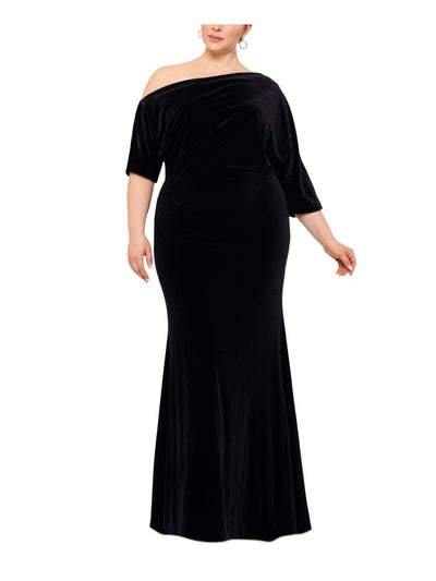 BETSY & ADAM Womens Black Zippered Ruched Unlined Elbow Sleeve Asymmetrical Neckline Full-Length Evening Gown Dress Plus 16W