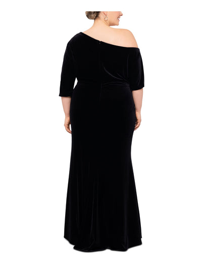 BETSY & ADAM Womens Black Zippered Ruched Unlined Elbow Sleeve Asymmetrical Neckline Full-Length Evening Gown Dress Plus 16W