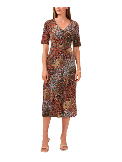 MSK Womens Brown Printed Short Sleeve V Neck Midi Wear To Work Sheath Dress M