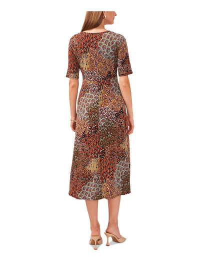 MSK Womens Brown Printed Short Sleeve V Neck Midi Wear To Work Sheath Dress M