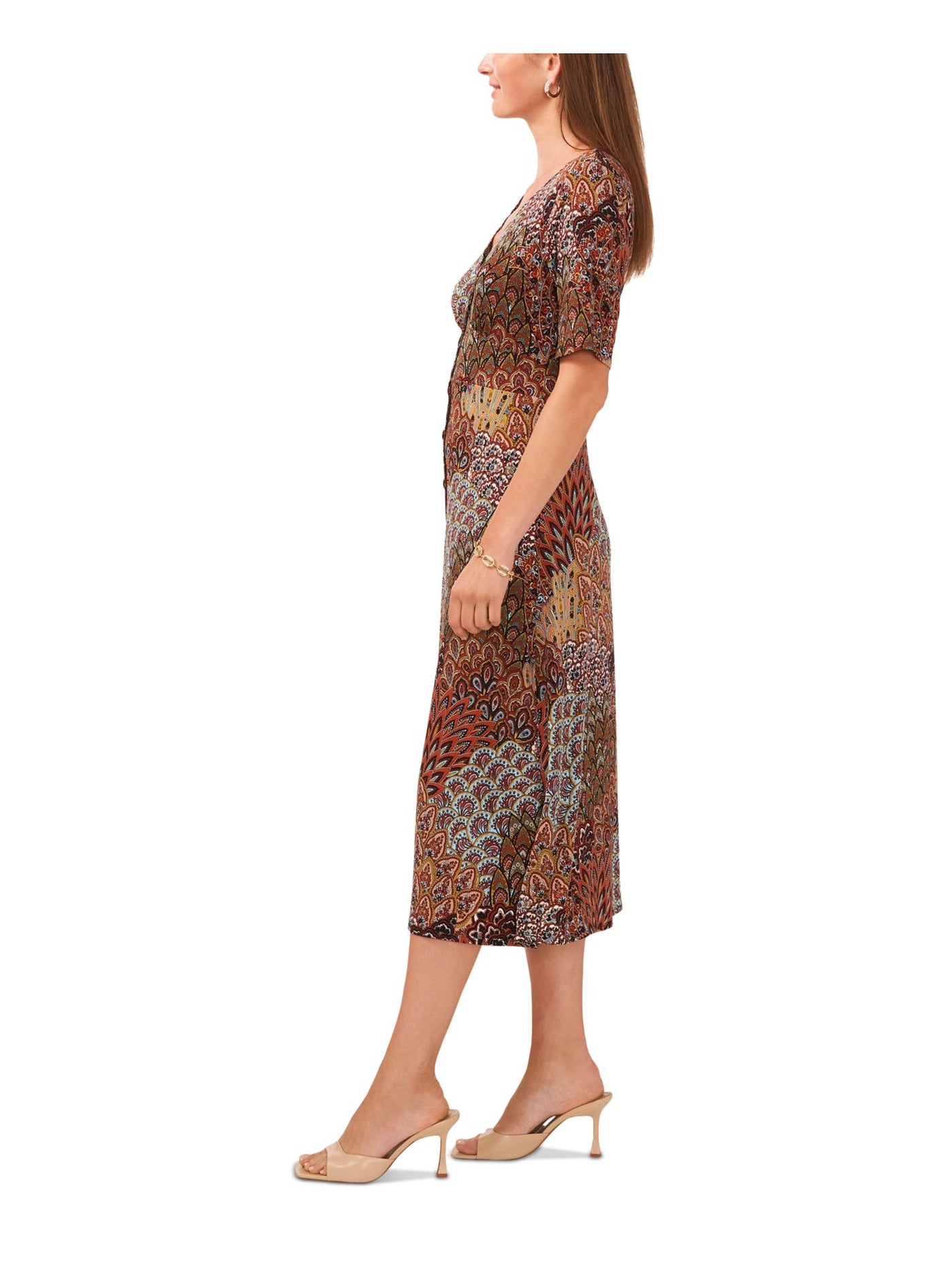 MSK Womens Brown Printed Short Sleeve V Neck Midi Wear To Work Sheath Dress M