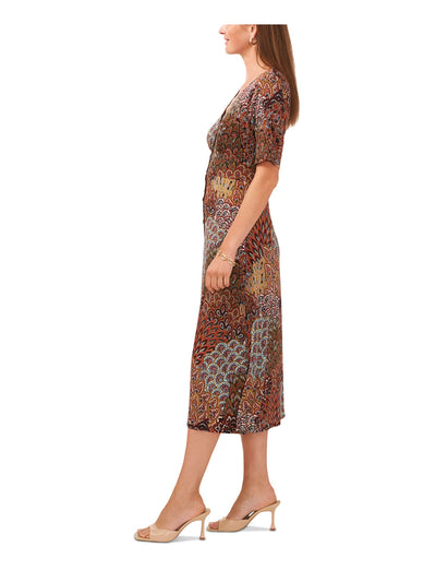 MSK Womens Brown Printed Short Sleeve V Neck Midi Wear To Work Sheath Dress M