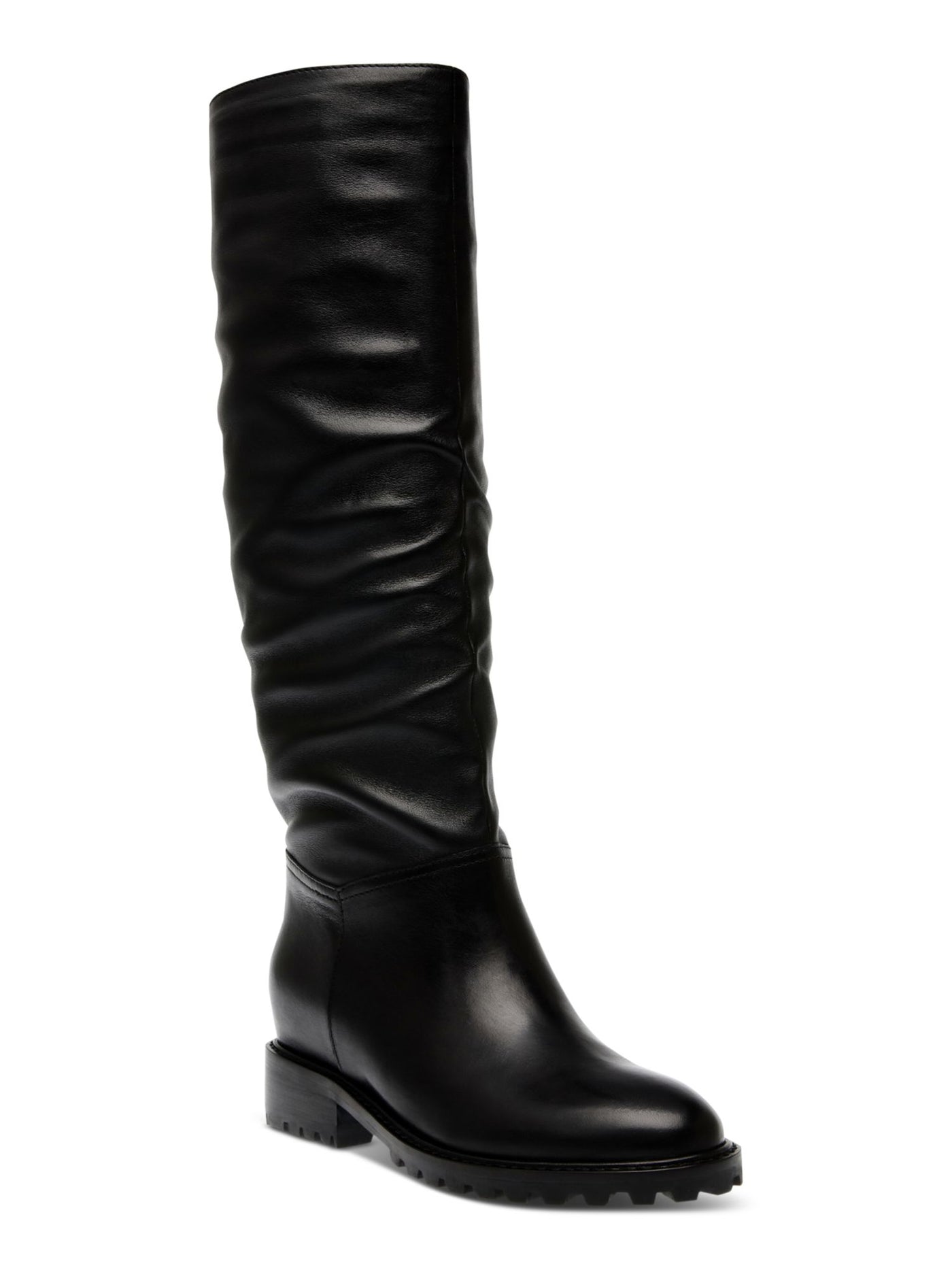 STEVE MADDEN Womens Black Padded Lug Sole Treaded Lorayle Round Toe Block Heel Leather Slouch Boot 9.5 M