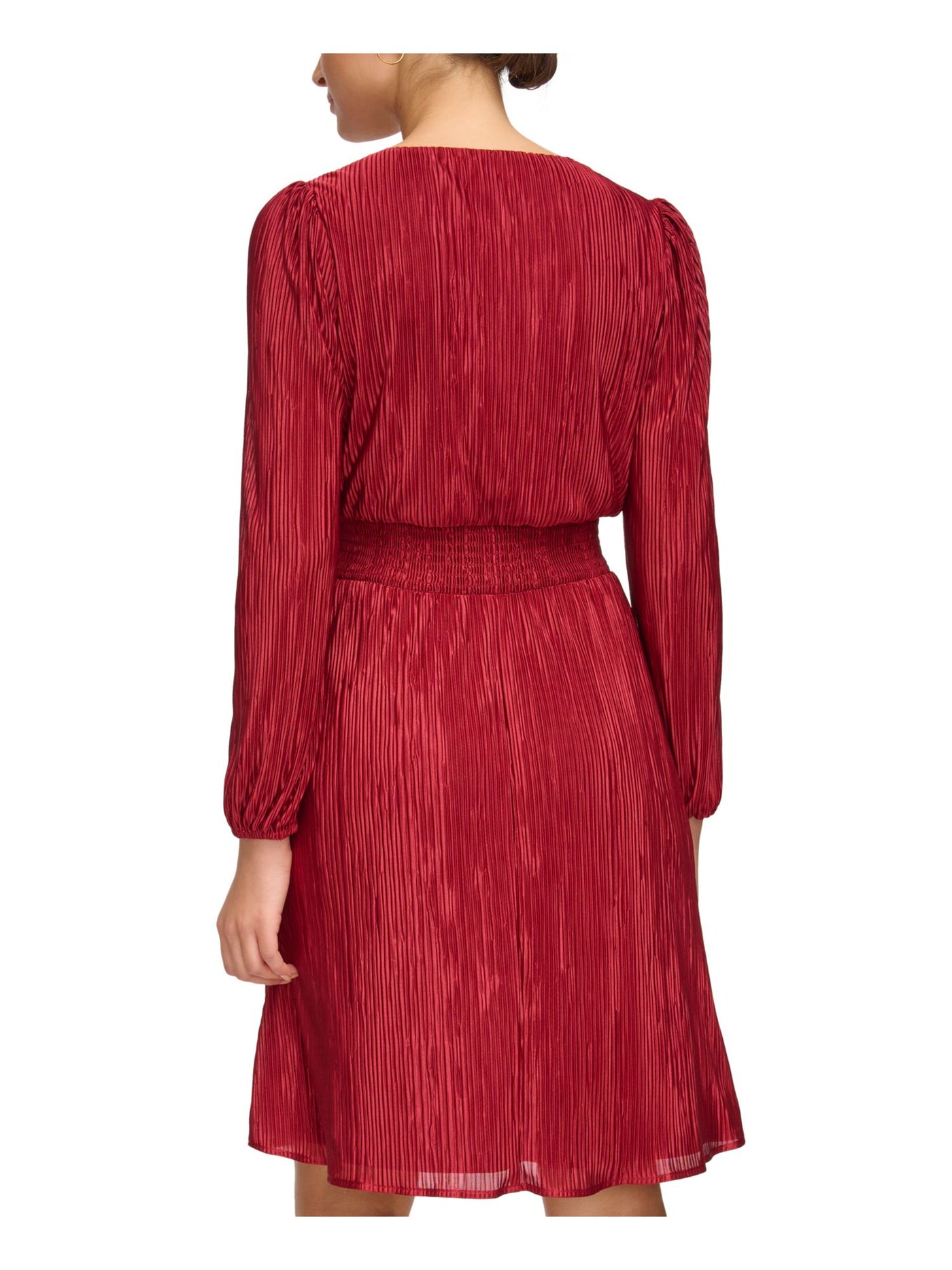 KENSIE DRESSES Womens Red Pleated Lined Smocked Waist Long Sleeve V Neck Above The Knee Wear To Work Fit + Flare Dress 12