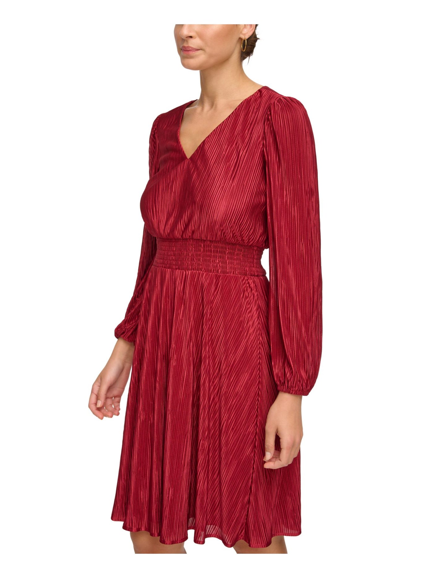 KENSIE DRESSES Womens Red Pleated Lined Smocked Waist Long Sleeve V Neck Above The Knee Wear To Work Fit + Flare Dress 12