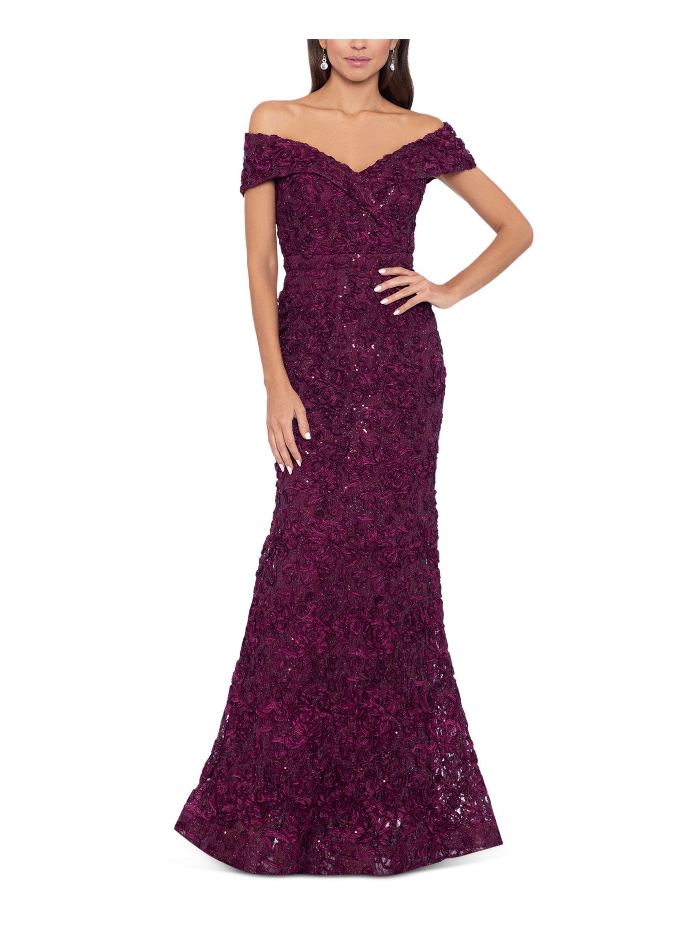 XSCAPE Womens Purple Zippered Embellished Lace Lined Textured Short Sleeve Off Shoulder Full-Length Formal Gown Dress 14