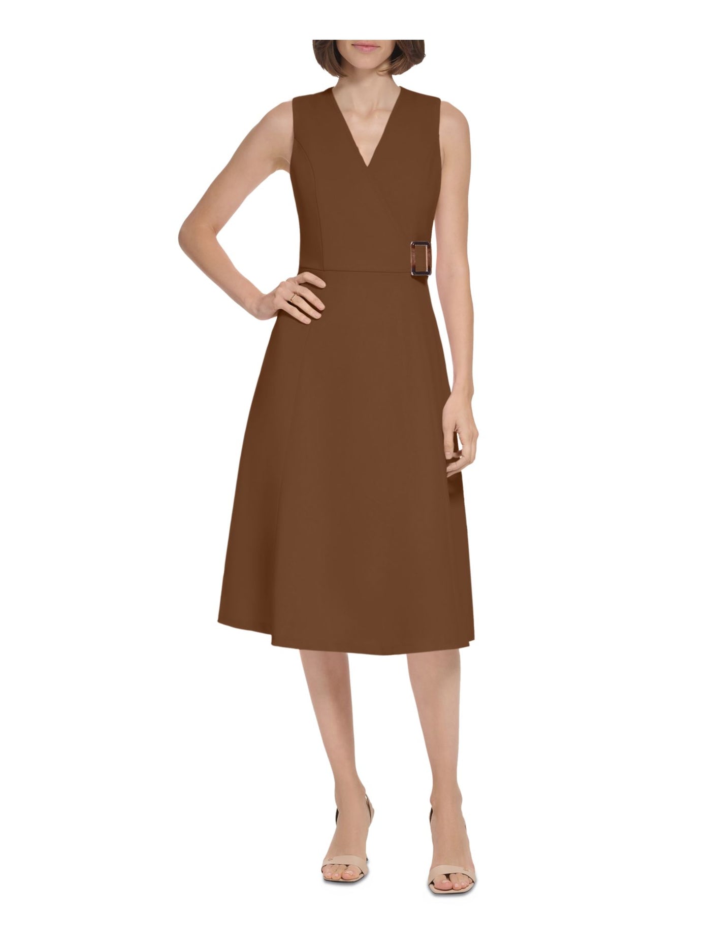 CALVIN KLEIN Womens Brown Zippered Belt Trim Sleeveless Surplice Neckline Midi Wear To Work Fit + Flare Dress 6