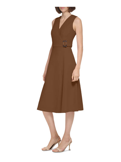 CALVIN KLEIN Womens Brown Zippered Belt Trim Sleeveless Surplice Neckline Midi Wear To Work Fit + Flare Dress 6