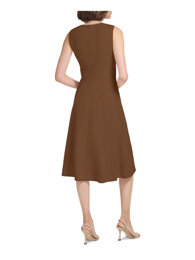 CALVIN KLEIN Womens Brown Zippered Belt Trim Sleeveless Surplice Neckline Midi Wear To Work Fit + Flare Dress 6