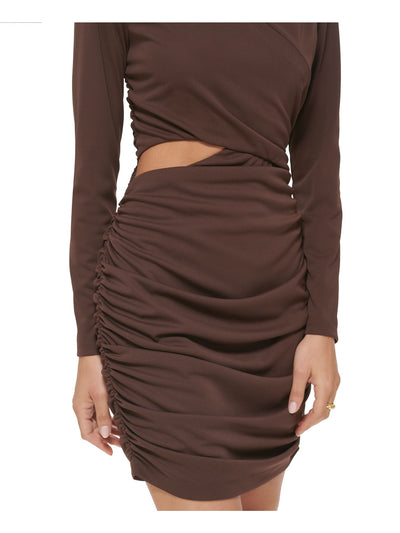 GUESS Womens Brown Ruched Cut Out Zippered Long Sleeve Round Neck Short Party Body Con Dress 12