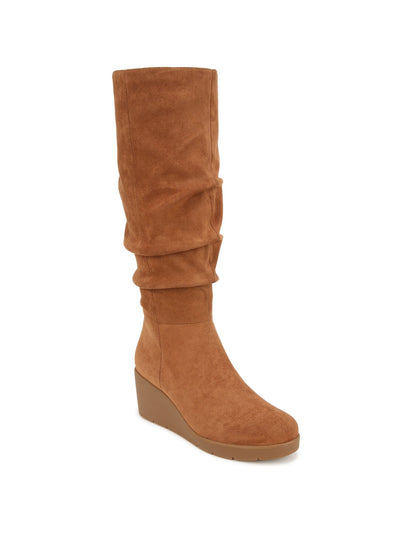 SOUL BY NATURALIZER Womens Brown Lightweight Flexible Goring Ruched Arch Support Aura Almond Toe Wedge Zip-Up Dress Slouch Boot 7.5 M