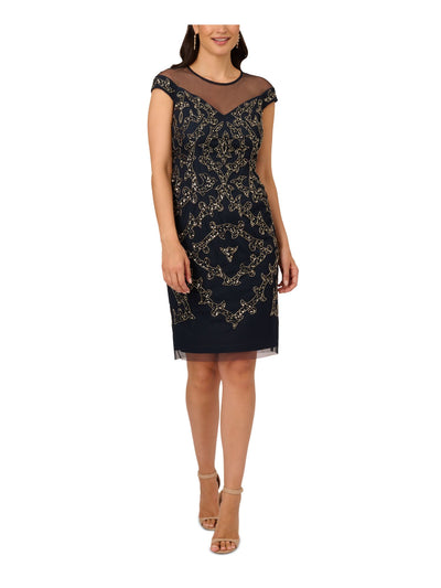 PAPELL STUDIO Womens Navy Mesh Embellished Zippered Lined Cap Sleeve Round Neck Above The Knee Party Sheath Dress 12