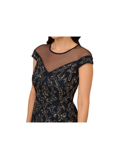 PAPELL STUDIO Womens Navy Mesh Embellished Zippered Lined Cap Sleeve Round Neck Above The Knee Party Sheath Dress 12