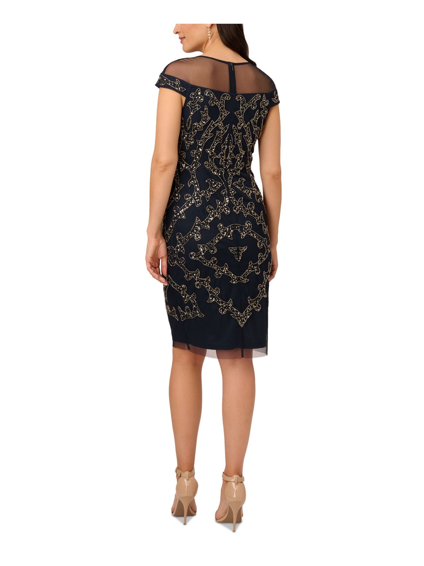 PAPELL STUDIO Womens Navy Mesh Embellished Zippered Lined Cap Sleeve Round Neck Above The Knee Party Sheath Dress 12