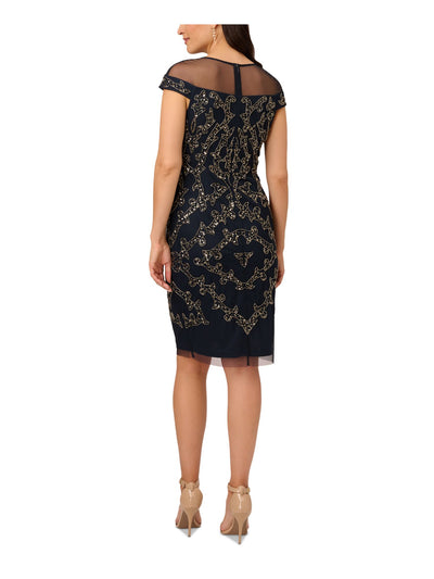 PAPELL STUDIO Womens Navy Mesh Embellished Zippered Lined Cap Sleeve Round Neck Above The Knee Party Sheath Dress 12
