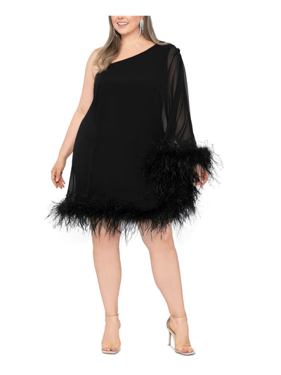 BETSY & ADAM Womens Black Lined Feathered Trim Single Sleeve Asymmetrical Neckline Above The Knee Cocktail Shift Dress Plus 22W