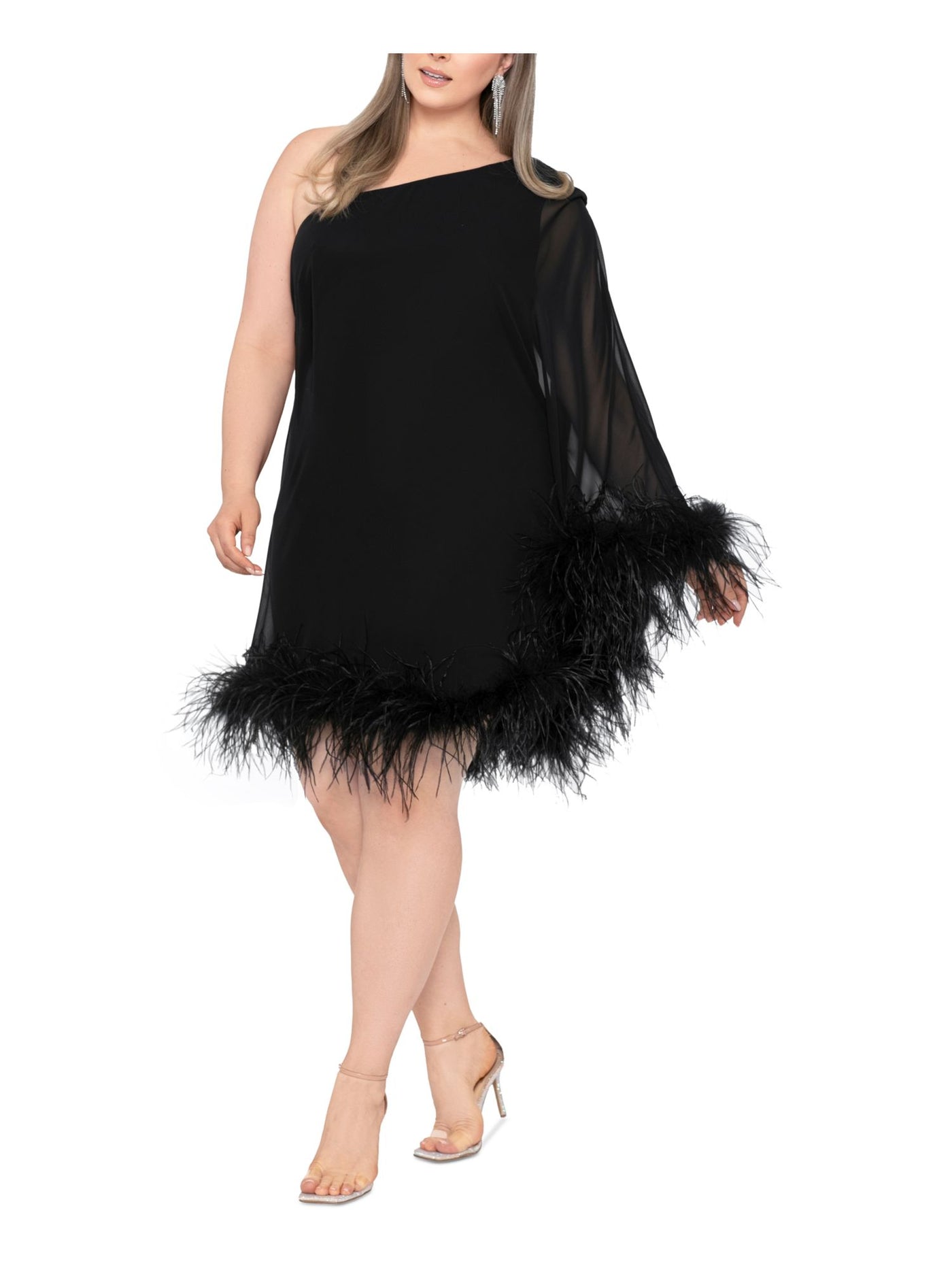 BETSY & ADAM Womens Black Lined Feathered Trim Single Sleeve Asymmetrical Neckline Above The Knee Cocktail Shift Dress Plus 22W