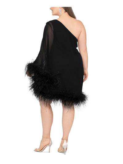 BETSY & ADAM Womens Black Lined Feathered Trim Single Sleeve Asymmetrical Neckline Above The Knee Cocktail Shift Dress Plus 22W