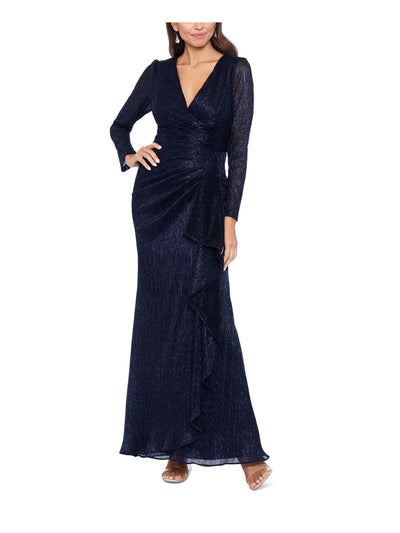 BETSY & ADAM Womens Navy Zippered Pleated Cascade Ruffle Front Lined Long Sleeve Surplice Neckline Full-Length Evening Faux Wrap Dress Petites 10P