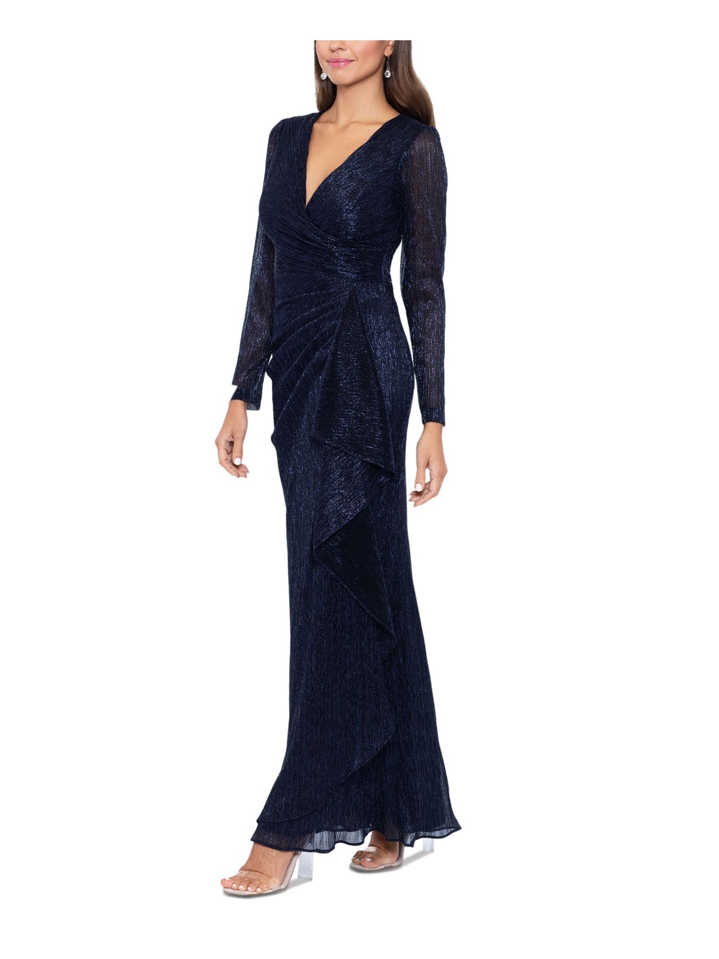 BETSY & ADAM Womens Navy Zippered Pleated Cascade Ruffle Front Lined Long Sleeve Surplice Neckline Full-Length Evening Faux Wrap Dress Petites 10P