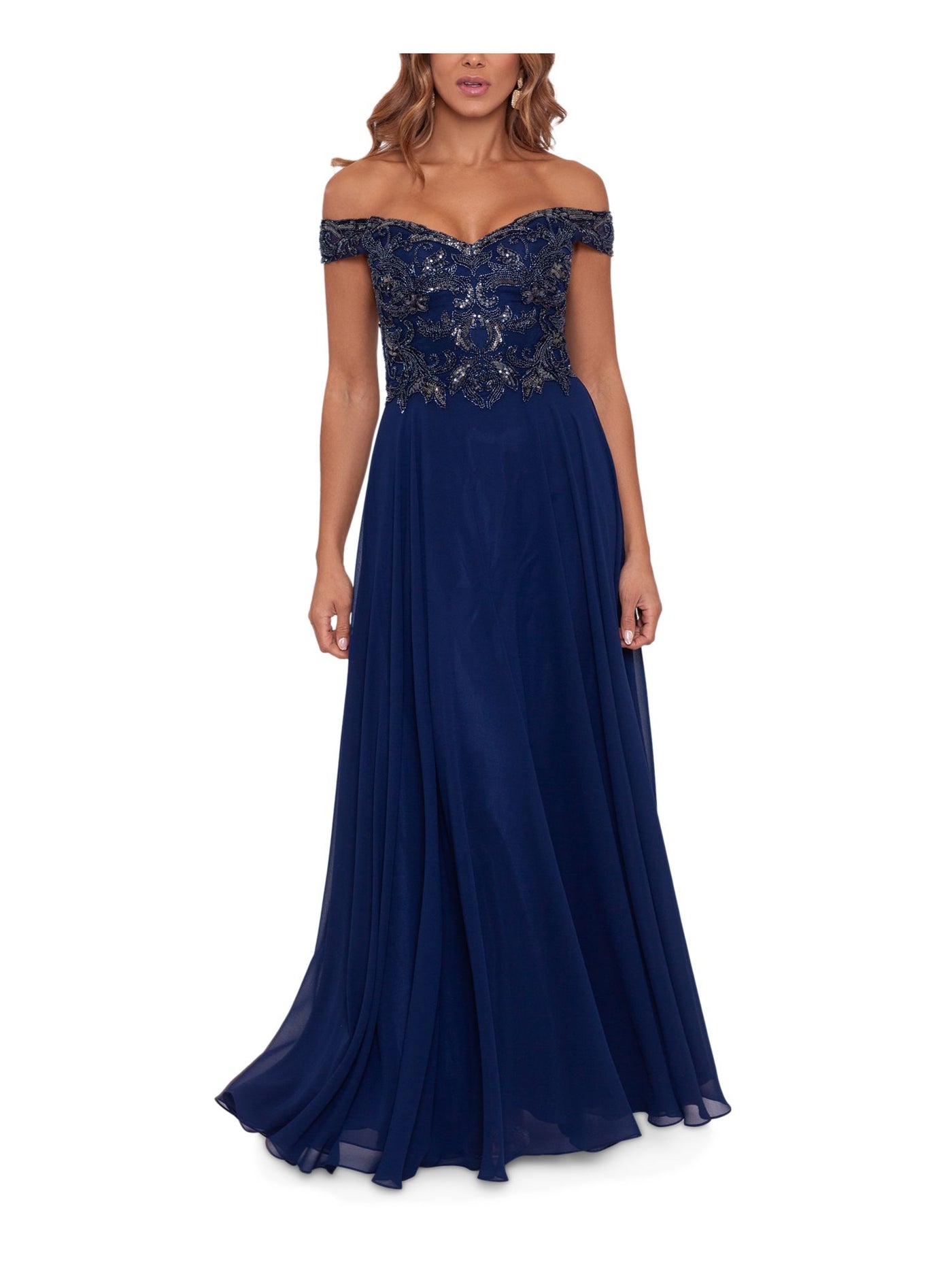 XSCAPE Womens Navy Embellished Lined Zippered Bodice Boning Cap Sleeve Off Shoulder Full-Length Evening Gown Dress Petites 14P