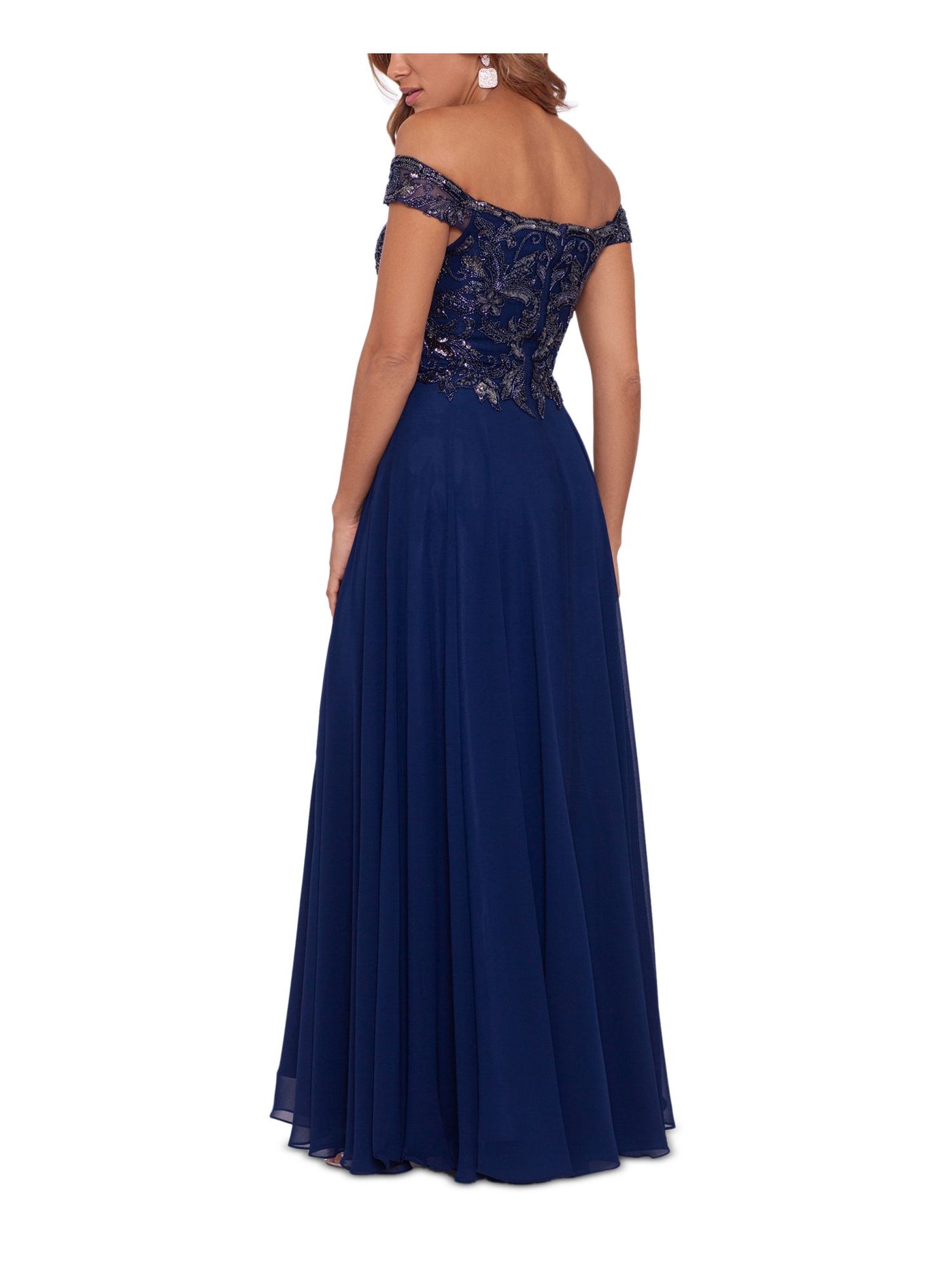 XSCAPE Womens Navy Embellished Lined Zippered Bodice Boning Cap Sleeve Off Shoulder Full-Length Evening Gown Dress Petites 14P