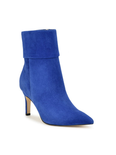 NINE WEST Womens Blue Foldover Cuff Padded Gemms Pointed Toe Stiletto Zip-Up Leather Dress Boots 9.5 M