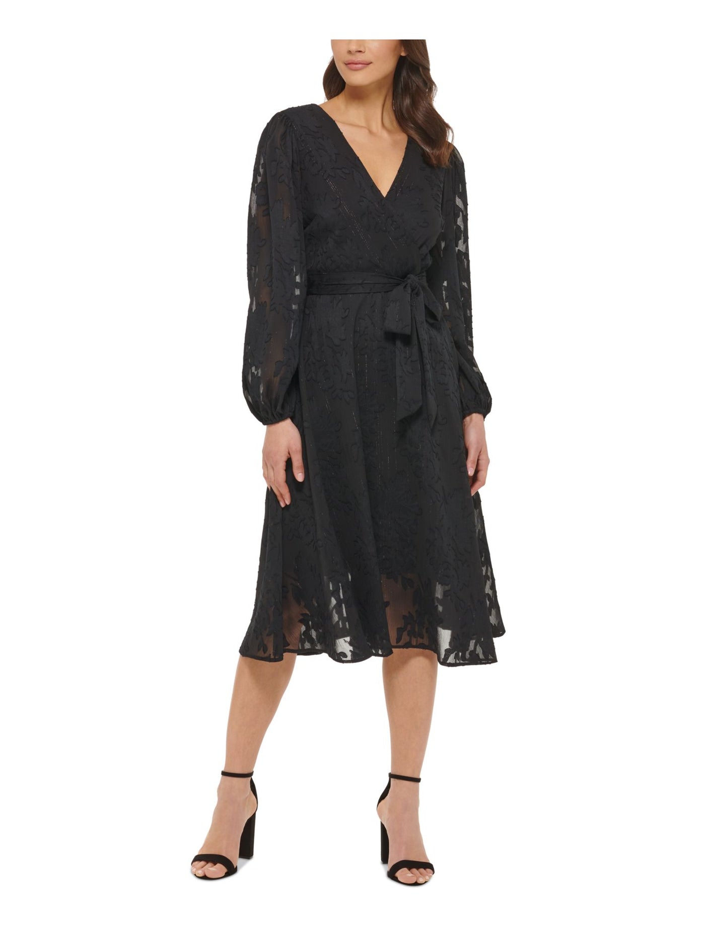 KENSIE DRESSES Womens Black Zippered Tie Lined Balloon Sleeve Surplice Neckline Below The Knee Fit + Flare Dress 8