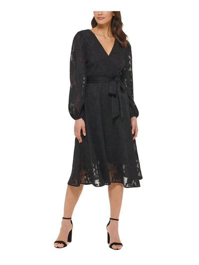 KENSIE DRESSES Womens Black Zippered Tie Lined Balloon Sleeve Surplice Neckline Below The Knee Fit + Flare Dress 8