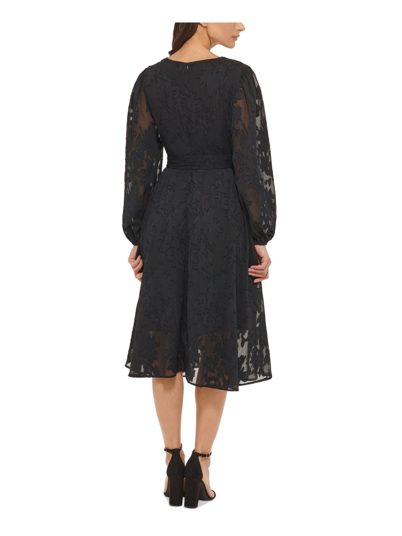 KENSIE DRESSES Womens Black Zippered Tie Lined Balloon Sleeve Surplice Neckline Below The Knee Fit + Flare Dress 8