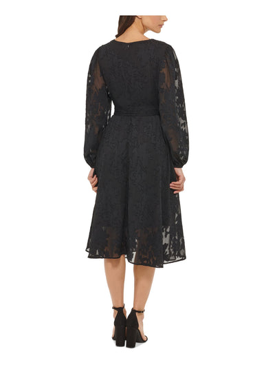 KENSIE DRESSES Womens Black Zippered Tie Lined Balloon Sleeve Surplice Neckline Below The Knee Fit + Flare Dress 8