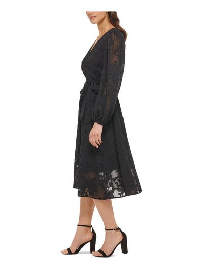 KENSIE DRESSES Womens Black Zippered Tie Lined Balloon Sleeve Surplice Neckline Below The Knee Fit + Flare Dress 8