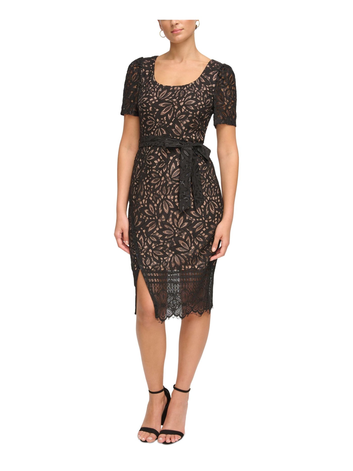 KENSIE DRESSES Womens Black Zippered Slitted Sheer Lined Tie Belt Fringed Floral Short Sleeve Scoop Neck Below The Knee Party Sheath Dress 6