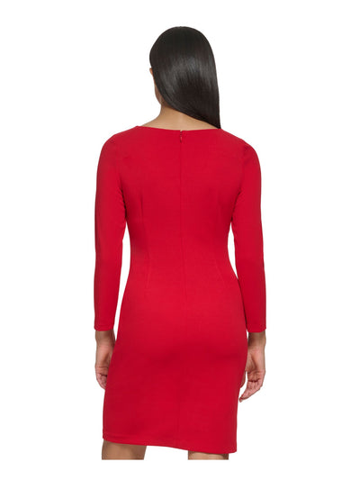 DKNY Womens Red Zippered Ruched Hardware Accent Long Sleeve Jewel Neck Above The Knee Wear To Work Sheath Dress 14