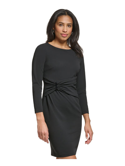 DKNY Womens Black Zippered Unlined Gathered Logo Hardware Long Sleeve Boat Neck Above The Knee Party Sheath Dress 10
