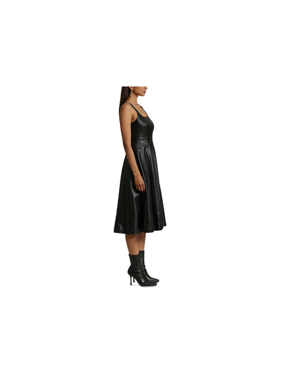 AVEC LES FILLES Womens Black Faux Leather Zippered Lined Seamed Detailing Scoop Back Sleeveless Square Neck Below The Knee Party Fit + Flare Dress S