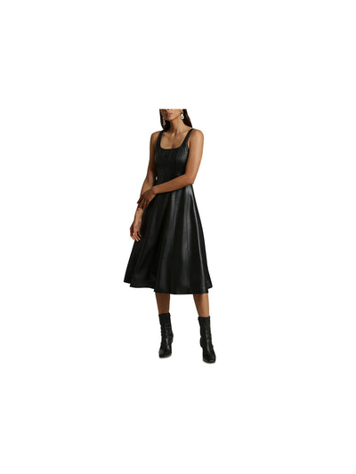 AVEC LES FILLES Womens Black Faux Leather Zippered Lined Seamed Detailing Scoop Back Sleeveless Square Neck Below The Knee Party Fit + Flare Dress S