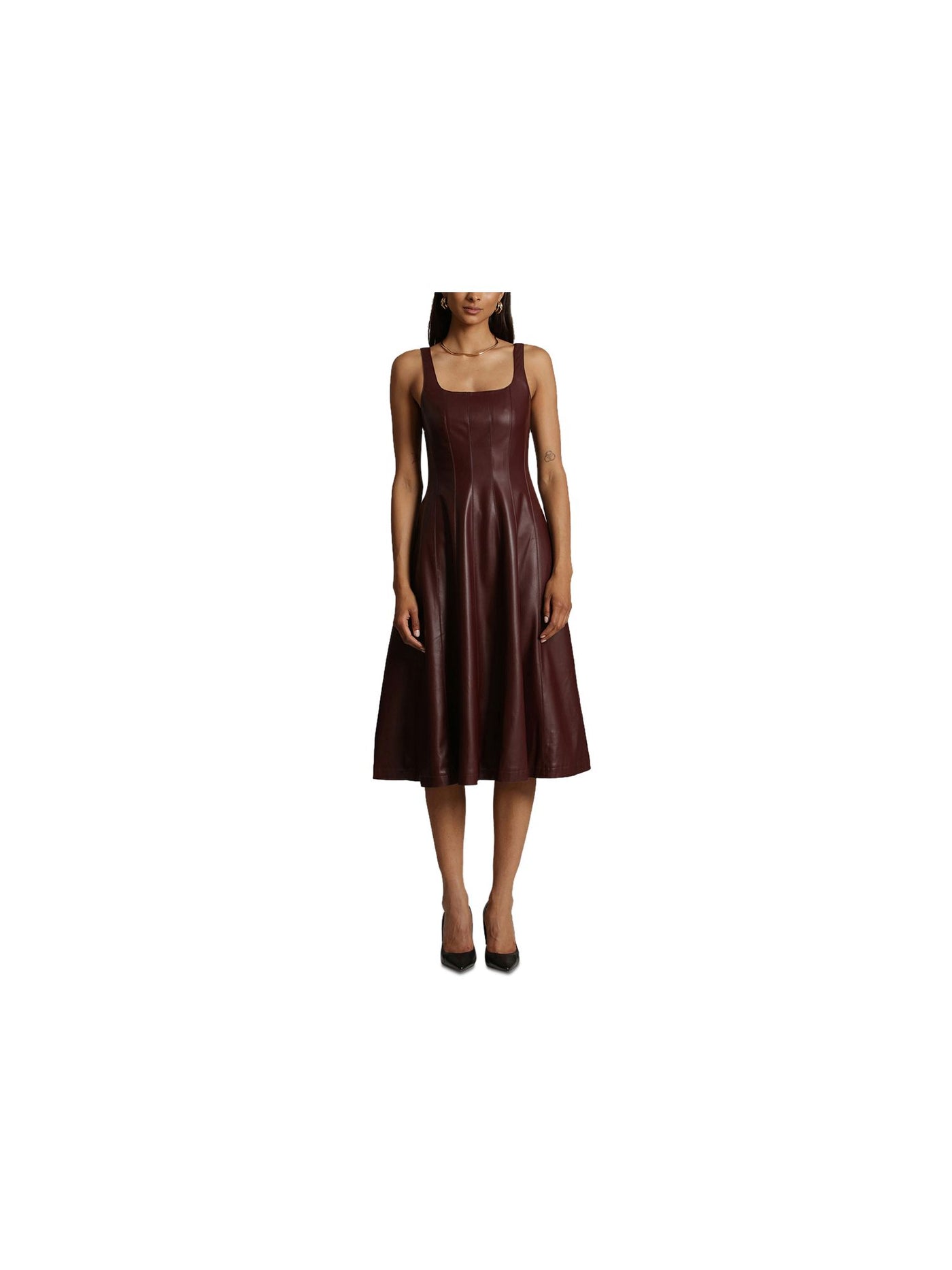 AVEC LES FILLES Womens Burgundy Faux Leather Zippered Lined Seamed Detailing Scoop Back Sleeveless Square Neck Below The Knee Party Fit + Flare Dress S