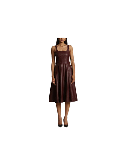 AVEC LES FILLES Womens Burgundy Faux Leather Zippered Lined Seamed Detailing Scoop Back Sleeveless Square Neck Below The Knee Party Fit + Flare Dress S