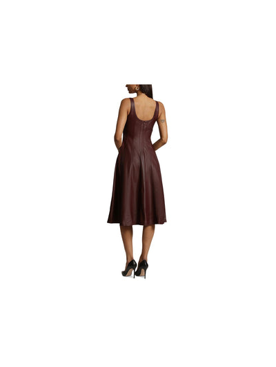 AVEC LES FILLES Womens Burgundy Faux Leather Zippered Lined Seamed Detailing Scoop Back Sleeveless Square Neck Below The Knee Party Fit + Flare Dress S