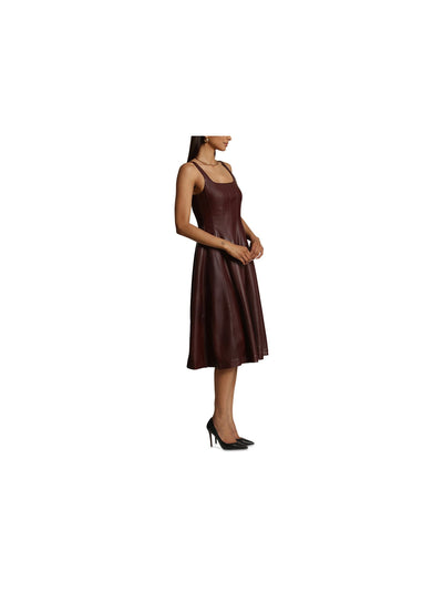 AVEC LES FILLES Womens Burgundy Faux Leather Zippered Lined Seamed Detailing Scoop Back Sleeveless Square Neck Below The Knee Party Fit + Flare Dress S
