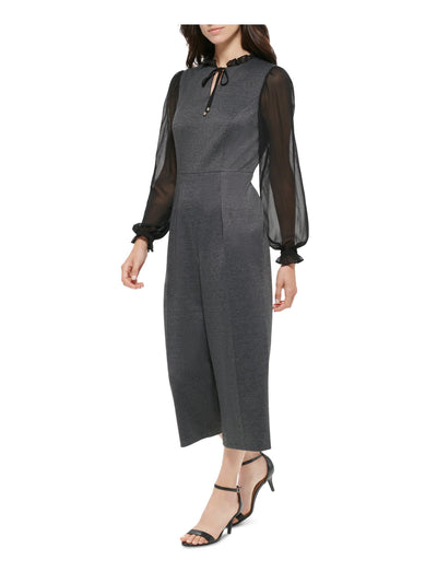 TOMMY HILFIGER Womens Gray Zippered Ruffled Tie Neck Herringbone Long Sleeve Wear To Work Cropped Jumpsuit 12