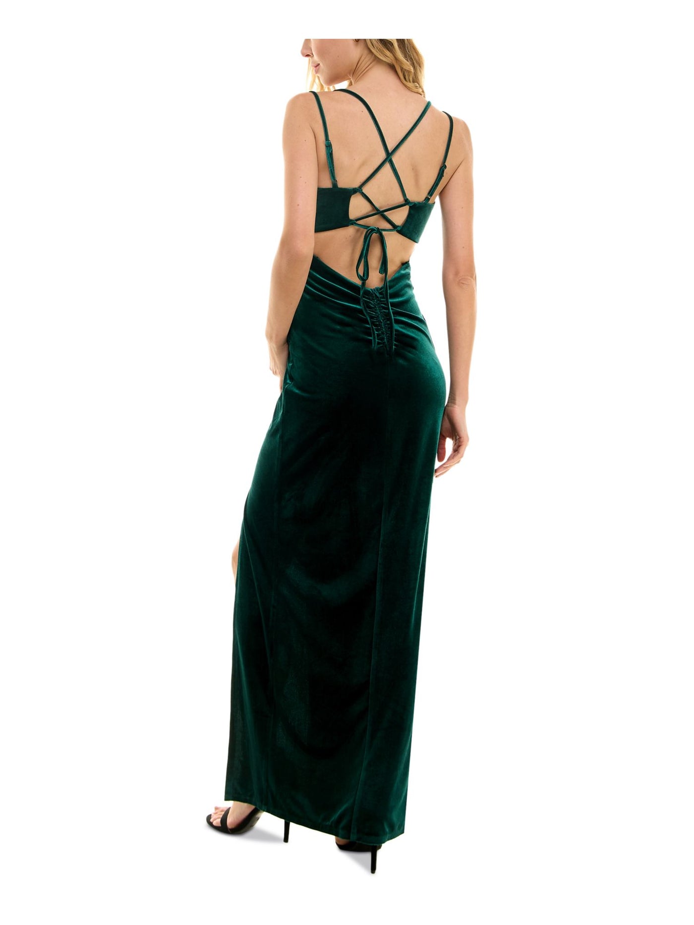 CITY STUDIO Womens Green Ruched Zippered Cutout Tie-back Side-slit Sleeveless Cowl Neck Full-Length Prom Gown Dress Juniors 13\14