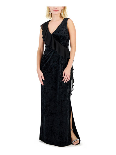 CONNECTED APPAREL Womens Black Slitted Ruffled Zippered Sleeveless V Neck Full-Length Evening Sheath Dress Petites 8P