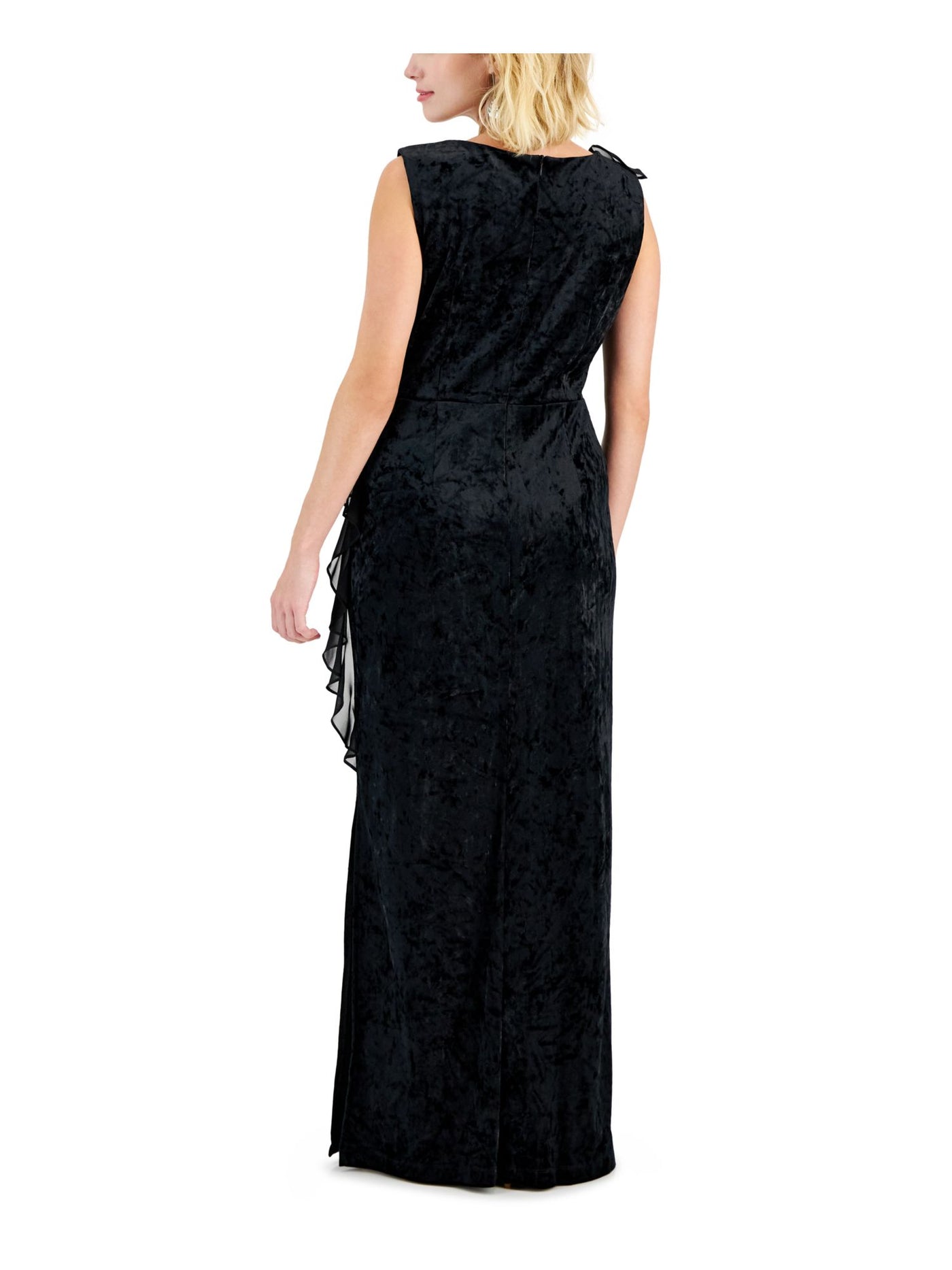 CONNECTED APPAREL Womens Black Slitted Ruffled Zippered Sleeveless V Neck Full-Length Evening Sheath Dress Petites 8P