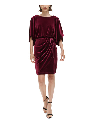 JESSICA HOWARD Womens Burgundy Belted Unlined Keyhole Back Stretch Short Sleeve Boat Neck Above The Knee Party Blouson Dress 12